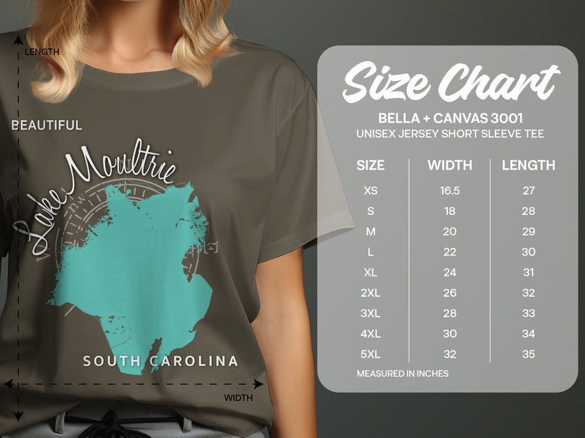 T-shirt size chart with garment measurements and lake graphic.