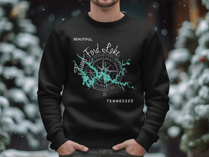 Black sweatshirt with "Tim's Ford Lake Tennessee" and compass design.