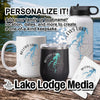 White mug, black tumbler, and white water bottle with lake map logos.