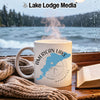 White mug with "American Lake Washington" design and steaming hot drink.