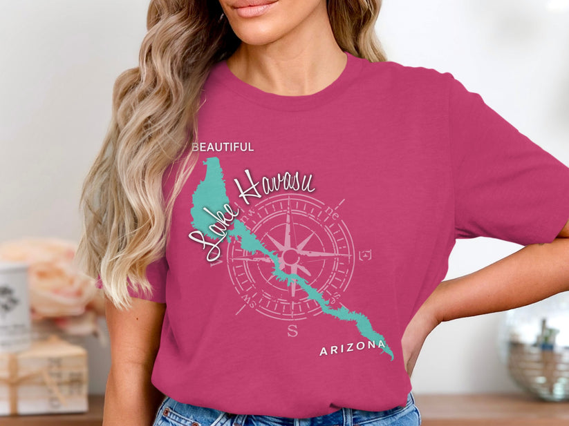 Lake Havasu Arizona map with compass rose on a pink t-shirt.