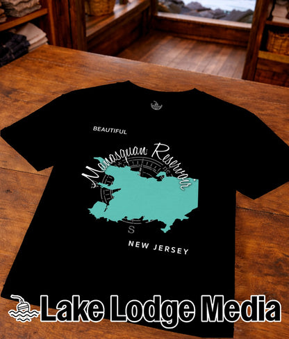Black t-shirt with a map of Manasquan Reservoir, New Jersey.
