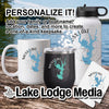 Mug, insulated tumbler, water bottle, and coaster featuring lake maps and compass designs.