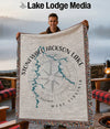 Tapestry blanket showing Stonewall Jackson Lake, West Virginia map and compass.
