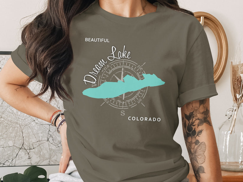 Dream Lake Colorado compass graphic on a taupe t-shirt.