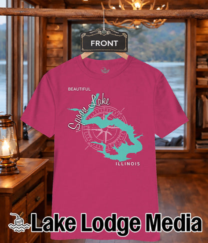 Pink t-shirt with "Snow Lake, Illinois" and compass graphic.
