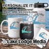Grenada Lake branded mug, wine tumbler, water bottle, and coaster with personalized text.