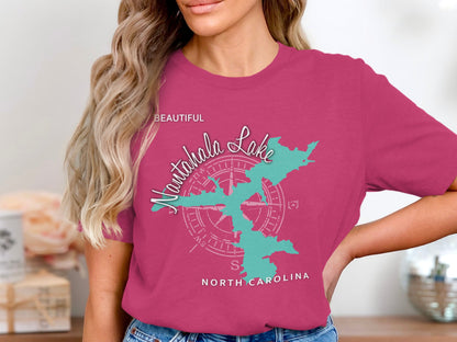 Turquoise Nantahala Lake NC map graphic on pink t-shirt with compass.