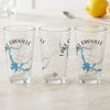 Three clear glasses with blue Lake Oroville maps and compass rose designs.