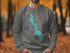 Gray sweatshirt featuring a teal map of Lake Chelan, Washington.