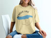 Donner Lake California graphic on a light yellow t-shirt with compass and map.