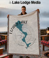 Throw blanket with Lizard Lake, Minnesota map and compass graphic.