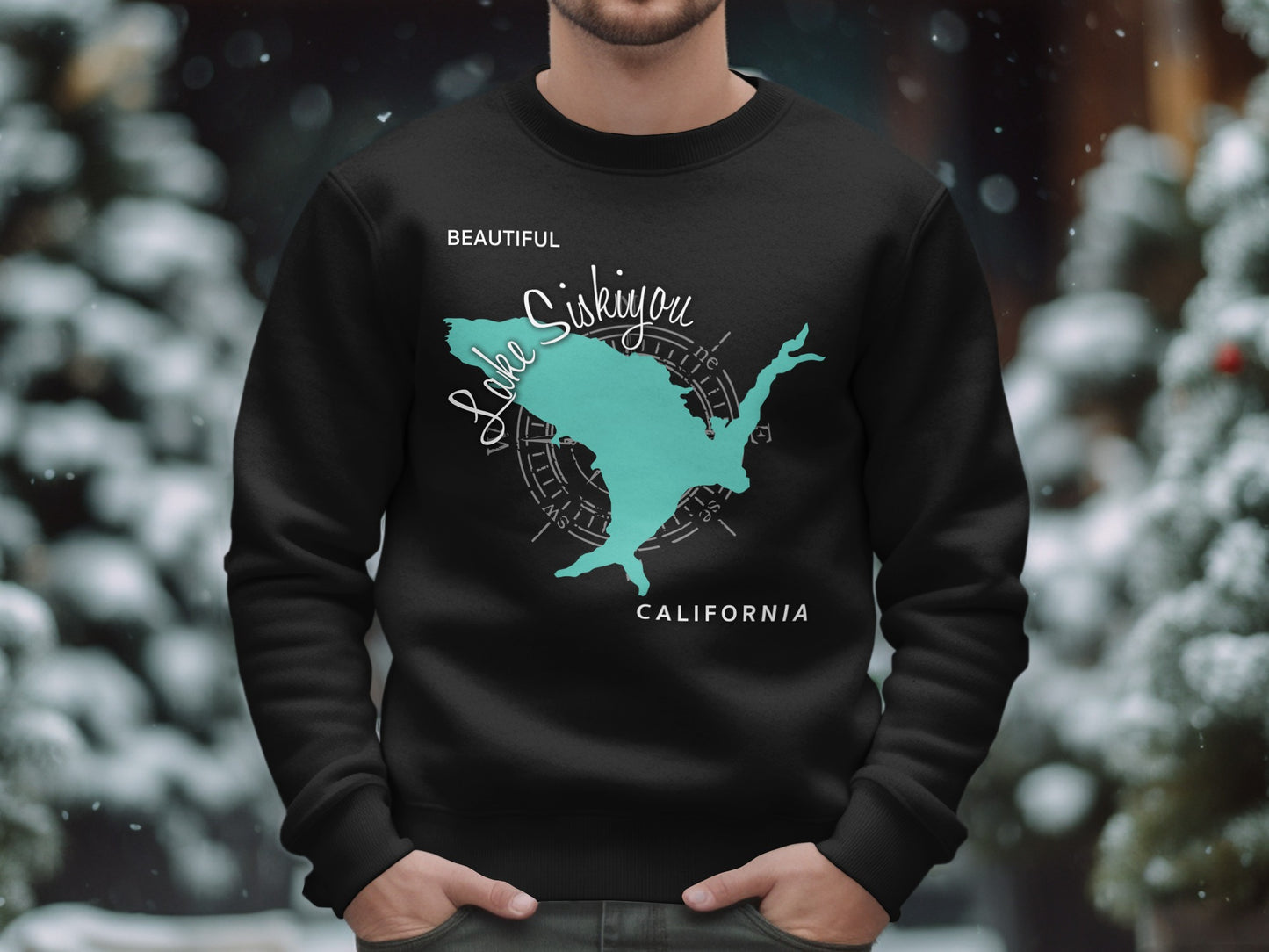 Black sweatshirt with teal Lake Siskiyou map and compass graphic.