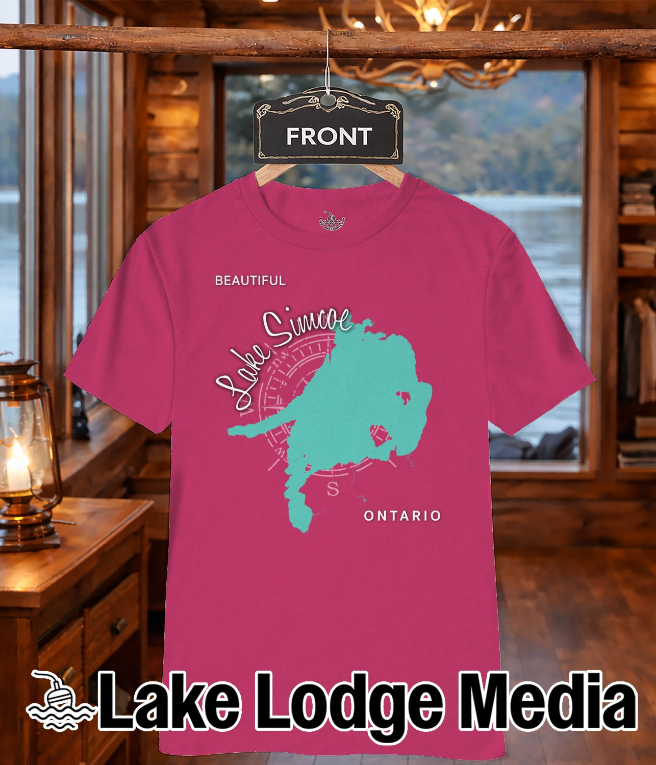 Pink t-shirt with a teal map of Lake Simcoe and "FRONT" text.