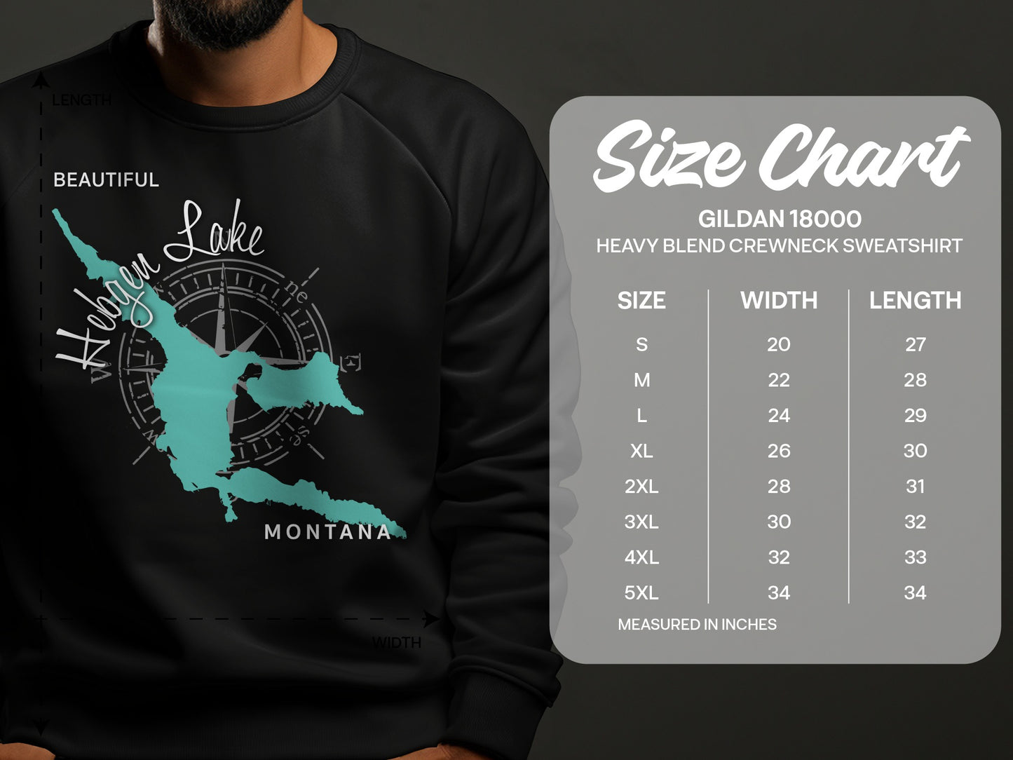 Sweatshirt with "Beautiful Hebgen Lake Montana" graphic and Gildan size chart.