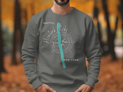 Gray sweatshirt with "Hemlock Lake, New York" text and compass design.