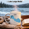 White mug with Pearl Lake, Wisconsin map design and steaming hot beverage.