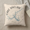 Beige pillow with Lake Sinclair Georgia map and compass graphic.