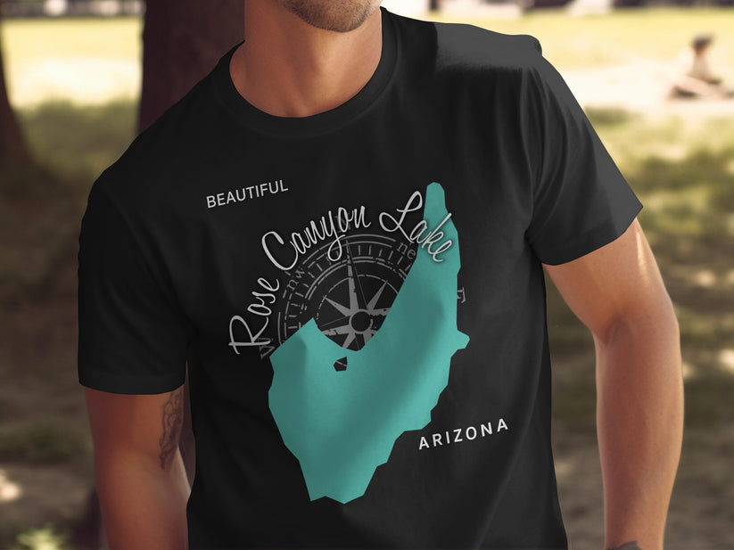 Black t-shirt with "Rose Canyon Lake Arizona" map graphic and compass rose.