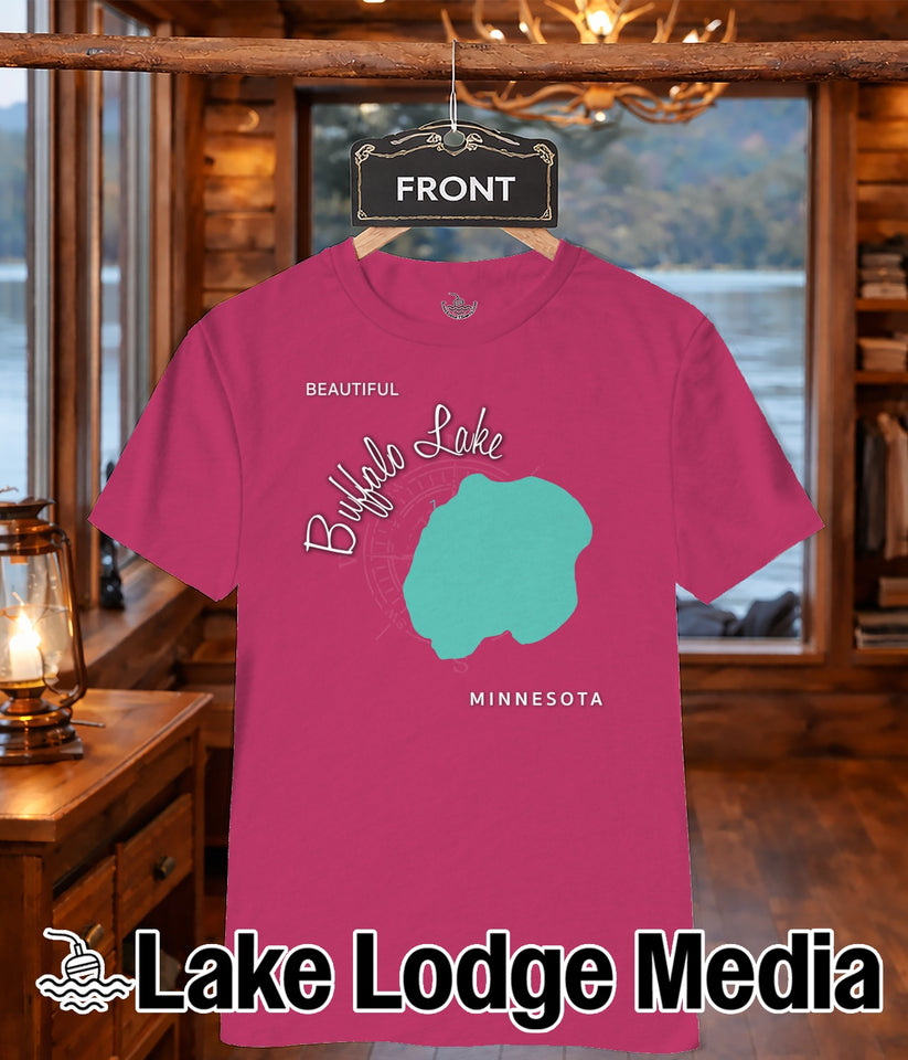 Pink t-shirt with "Buffalo Lake MINNESOTA" and lake outline.