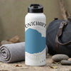 White water bottle with black lid displaying "MONTCHART." blue shape and compass design.