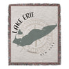 Woven throw with Lake Erie map and compass design, "Lake Erie New York" text.