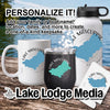 Mug, tumbler, and water bottle featuring Lake Mascuppic map and personalization text "Lake Lodge Media."