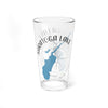 Clear glass pint glass with Saratoga Lake map, compass, and text.