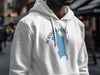 White hoodie with Jordan Pond Maine map and compass graphic.