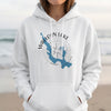 White hoodie with Walloon Lake Michigan map and compass graphic.