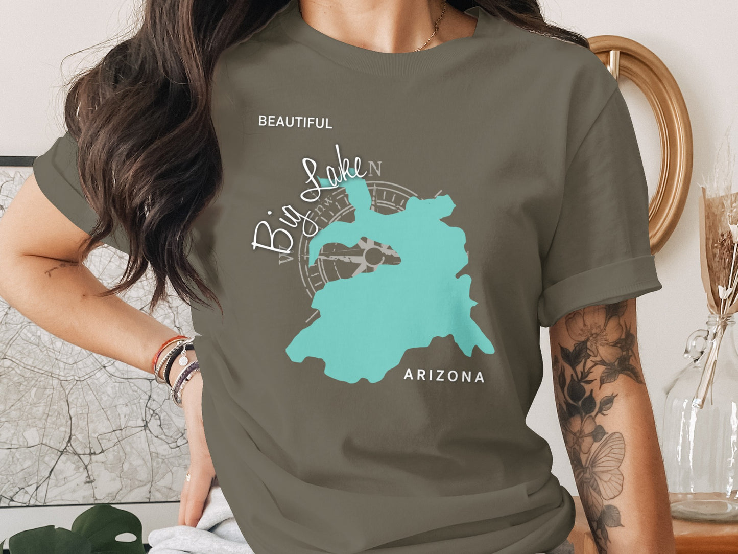 T-shirt with a map of Big Lake, Arizona and compass rose design.