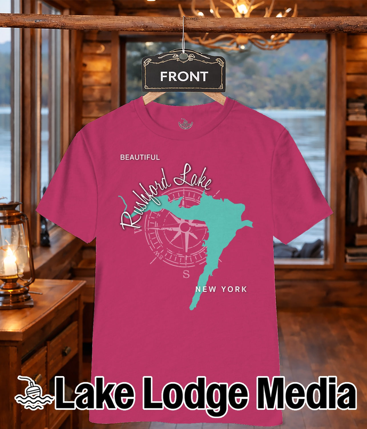 Pink t-shirt with "Rushford Lake NEW YORK" and compass graphic.