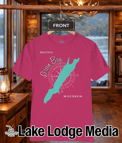 Pink t-shirt with "Green Bay Wisconsin" text and lake map graphic.