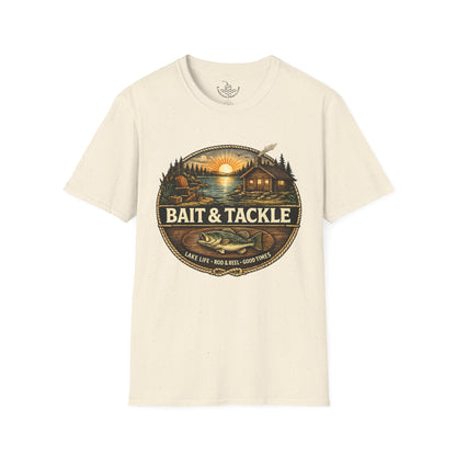 Bait & Tackle Fishing Lake Life T-Shirt | Rustic Lodge Cabin Mounted Bass Fishing Themed Bait Store Shirt