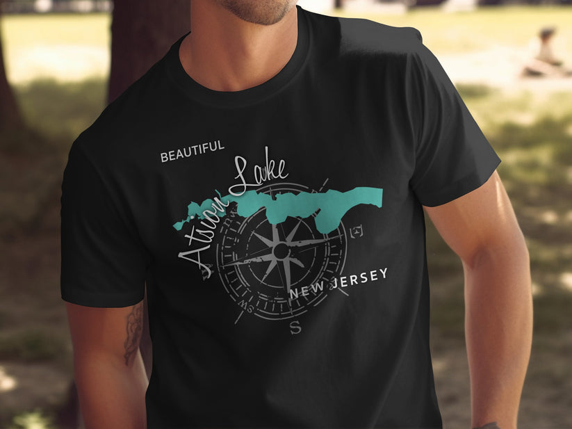 Black t-shirt with "Beautiful Ation Lake" and compass graphic with "New Jersey".