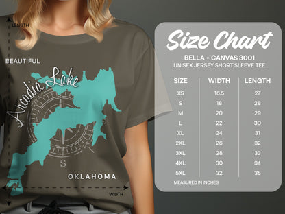 T-shirt size chart with Arcadia Lake graphic and measurements in inches.