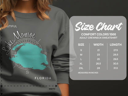 Comfort Colors adult crewneck sweatshirt size chart with measurements.
