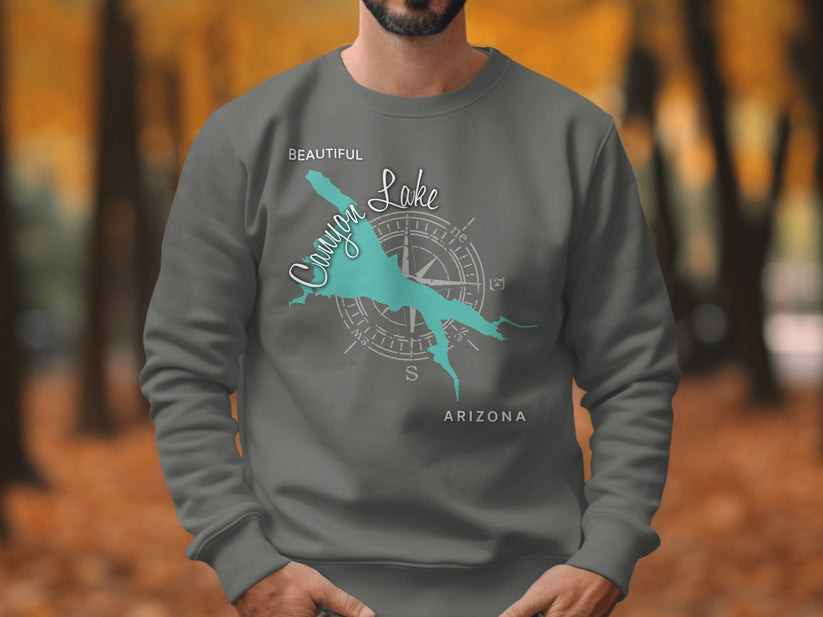 Gray sweatshirt with Canyon Lake map and compass graphic, "Beautiful Canyon Lake Arizona" text.