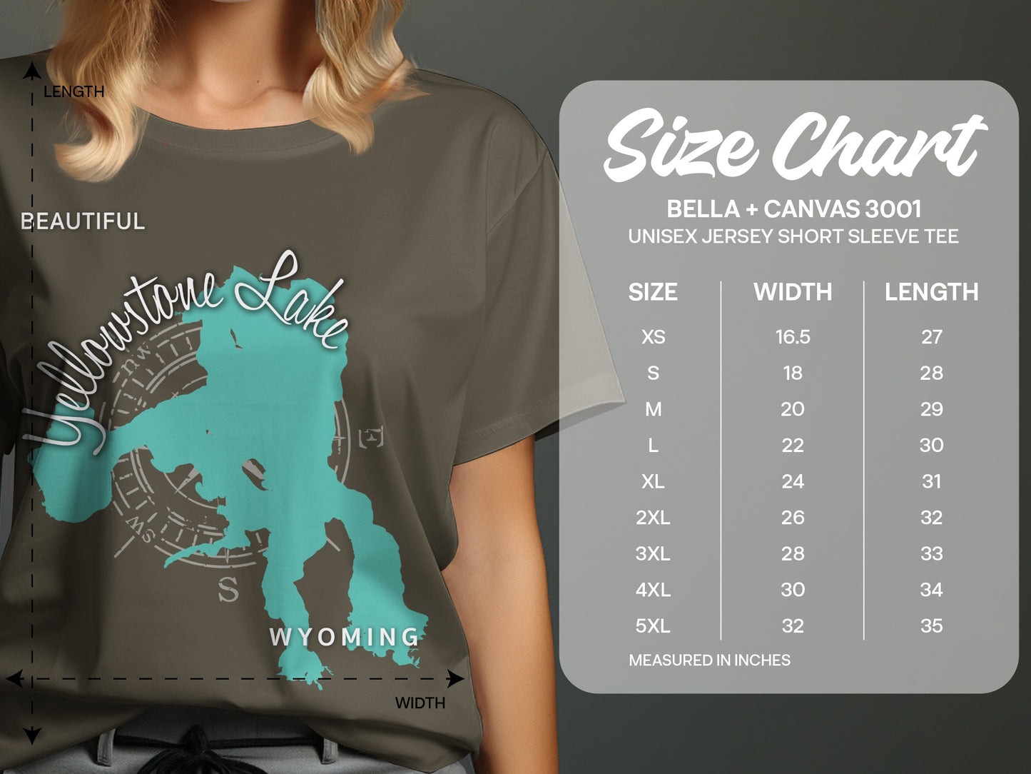 Yellowstone Lake map t-shirt and size chart for Bella + Canvas 3001 tee.