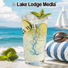 Glass with drink and "Lake Wylie South CA" text on beach background.