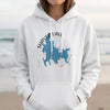 White hoodie with Shaver Lake map and compass design and California text.