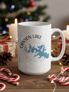 White mug with a map of Canyon Lake, Texas, and compass rose design.