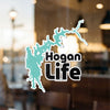 Turquoise lake outline sticker with text Hogan Life, Copyright Lake Lodge Media LLC.