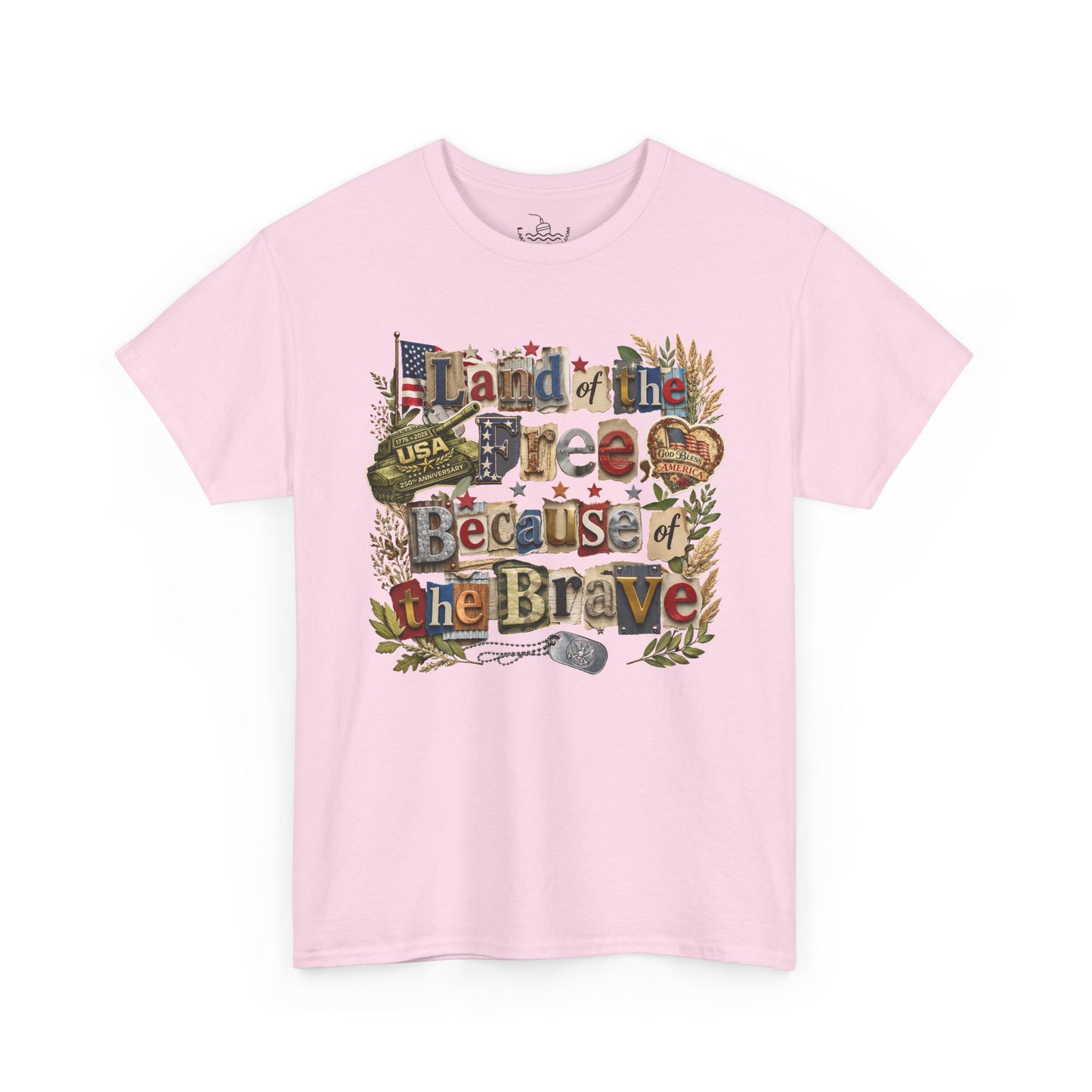 USA 250th Anniversary Land of the Free Because of the Brave T-Shirt | Patriotic Fourth of July Scrapbook Collage Design