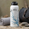 White thermos with black lid featuring lake map and compass rose design.