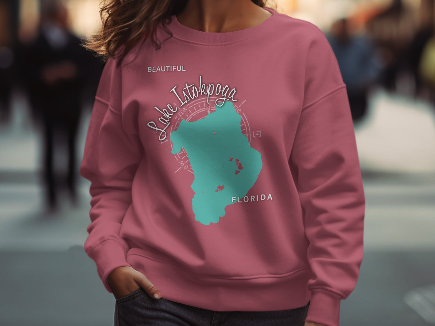 Pink sweatshirt with teal map of Lake Istokpoga, Florida.