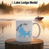 White mug with Shaver Lake California map and compass design.