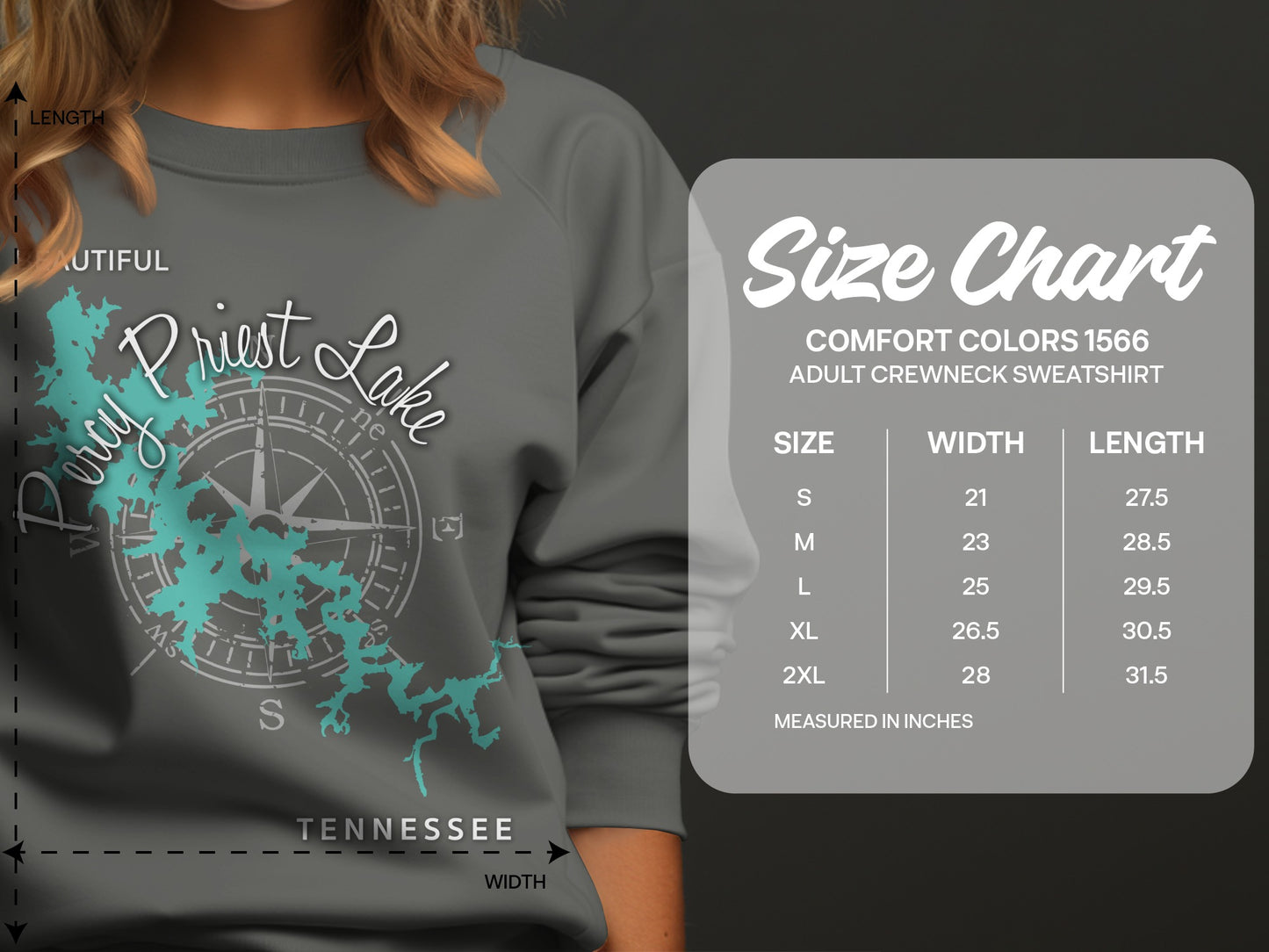Crewneck sweatshirt with "Percy Priest Lake" graphic and size chart.