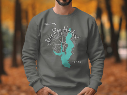 Gray sweatshirt with a teal map of Lake Ray Hubbard, Texas.