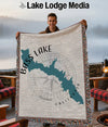Blanket featuring a teal outline of Bass Lake, California, with a compass rose design.